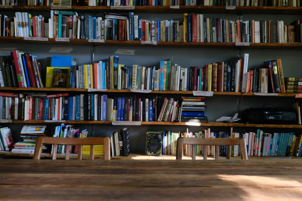 Shelves against the wall holding several survival drama books